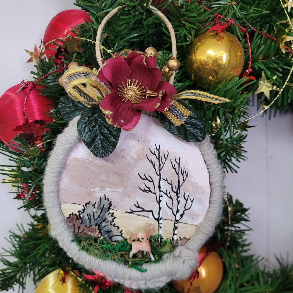 Christmas Ornament Hand Painted Macrame Upcycled Deer